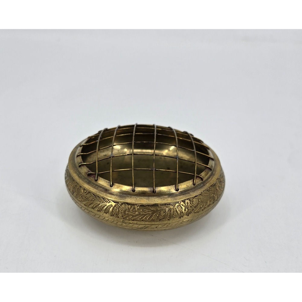Vintage Brass Flower Frog Wire Grid Floral Arranger Engraved Bowl Cottagecore